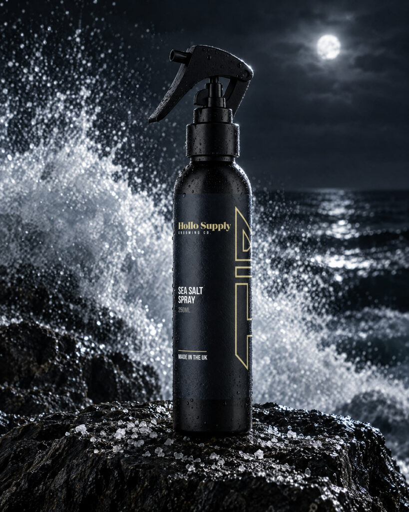 Sea Salt Spray by Hollo Supply Grooming Co., photographed on wet charcoal stone with water