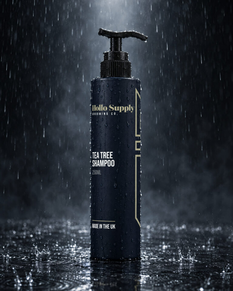 Tea Tree Shampoo by Hollo Supply Grooming Co., photographed on wet charcoal stone with water
