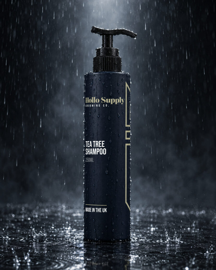 Tea Tree Shampoo by Hollo Supply Grooming Co., photographed on wet charcoal stone with water