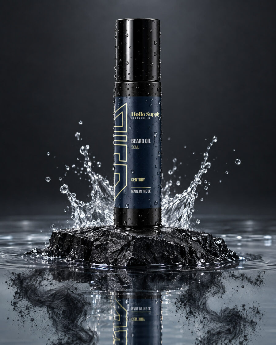 Beard Oil (Century) by Hollo Supply Grooming Co., photographed on wet charcoal stone with water