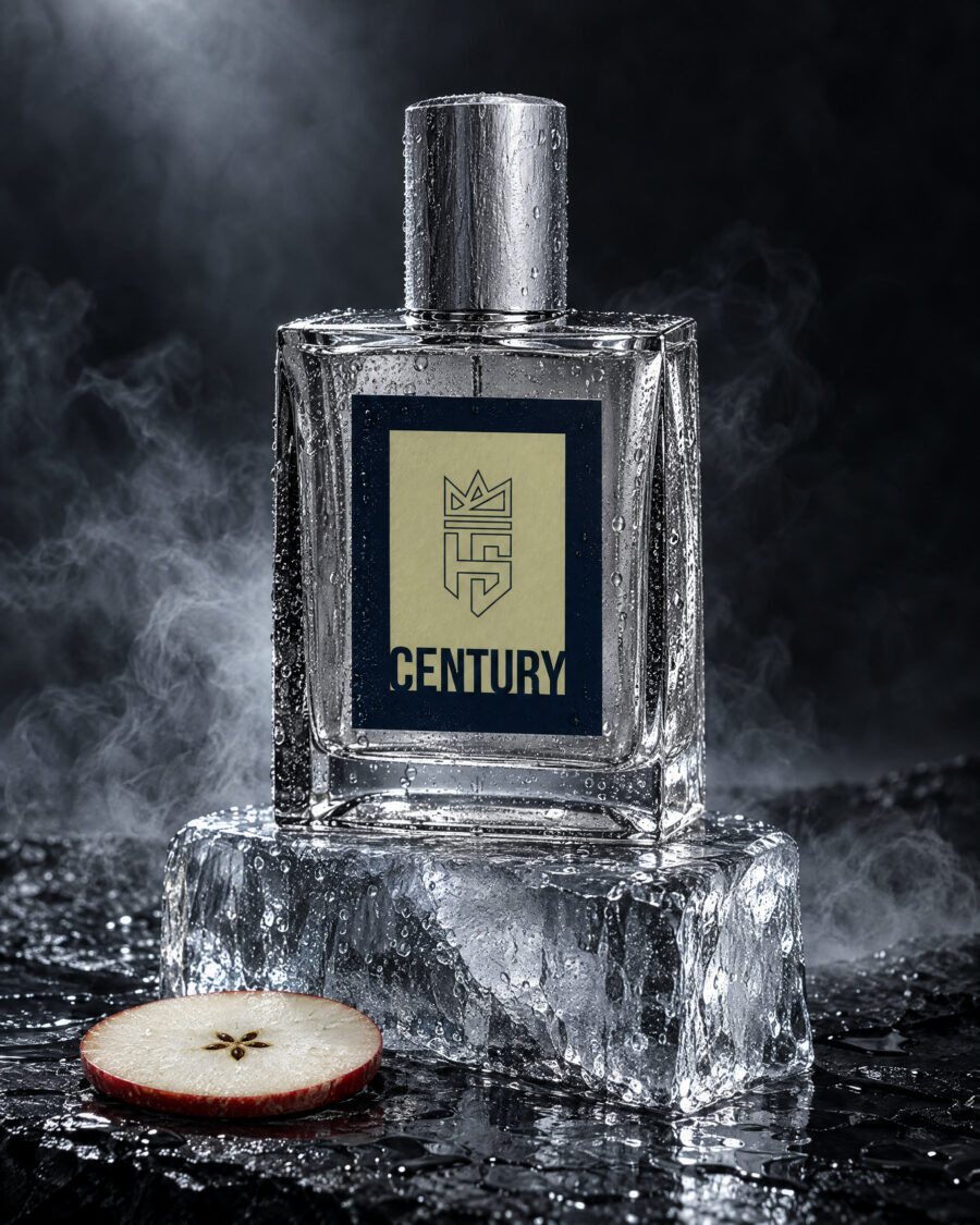 Century Cologne by Hollo Supply Grooming Co., photographed on wet charcoal stone with water