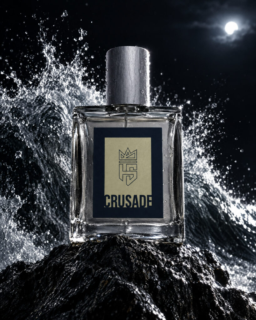 Crusade Eau De Parfum by Hollo Supply Grooming Co., photographed on wet charcoal stone with water