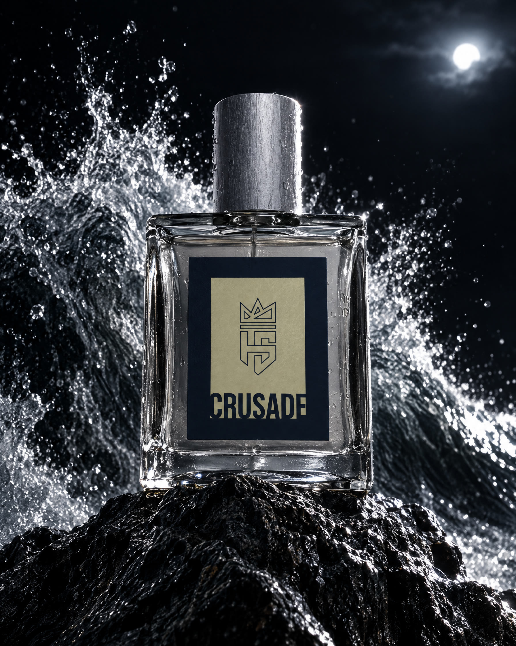 Crusade Eau De Parfum by Hollo Supply Grooming Co., photographed on wet charcoal stone with water