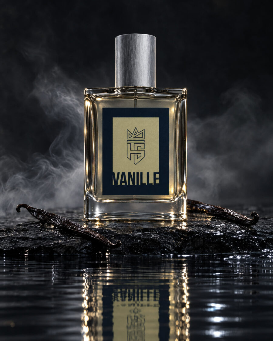 Vanille Eau De Parfum by Hollo Supply Grooming Co., photographed on wet charcoal stone with water