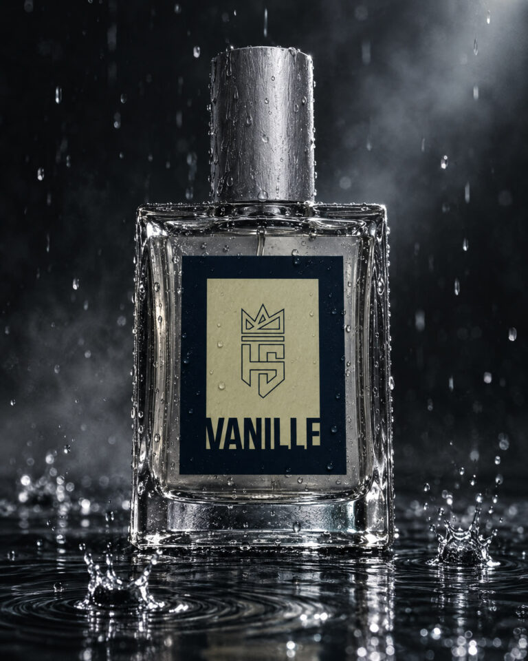Vanille Eau De Parfum by Hollo Supply Grooming Co., photographed on wet charcoal stone with water